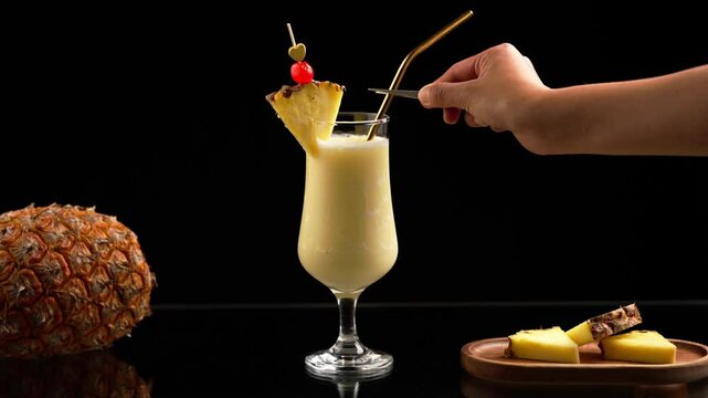 Pina Colada cocktail with a black background, a woman's hand placing a reusable straw into the cocktail