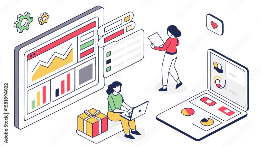 Aufkleber isometric illustration of women working with data analytics on computers and tablets with graphs and
