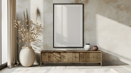 Black border frame mockup with ISO A0 poster, bedroom interior mockup with vintage sideboard and dried blooms, morning light, Japandi styling with wall-mounted frame, 3D render
