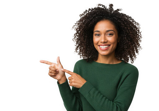 Smiling woman with curly hair pointing to the left side space on transparent background