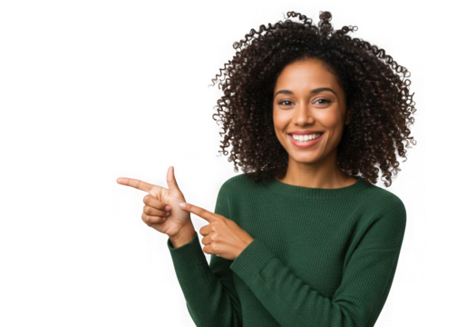 Smiling woman with curly hair pointing to the left side space on transparent background - Powered by Adobe