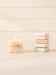 Minimalist composition featuring a lit candle and a stack of pastel colored blocks on a wooden surface