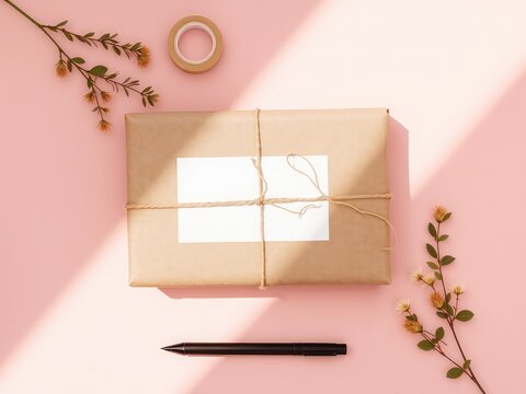 Wrapped present on light pink backdrop with pen, decorative flowers, and brown tape adds a soft elegant touch