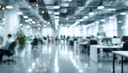 Blurred office interior background with a blurred door and glass wall, blurry bokeh light effect for a business concept design. High-quality photo, taken with a telephoto lens in realistic daylight.