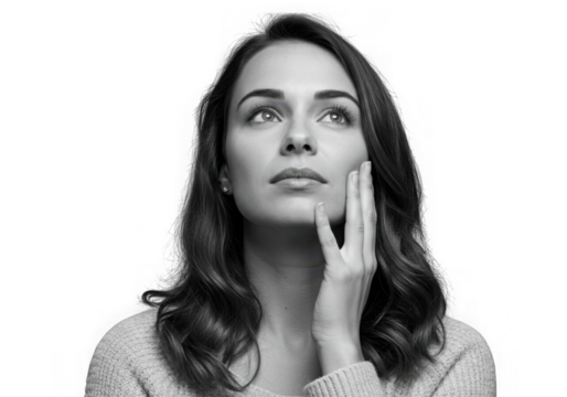 Woman with hand on face looking up in monochrome portraiture on transparent background