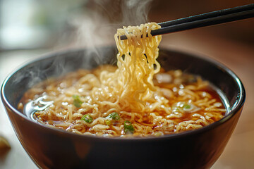 Steaming Bowl of Noodles with Chops Sticks and Flavorful Broth
