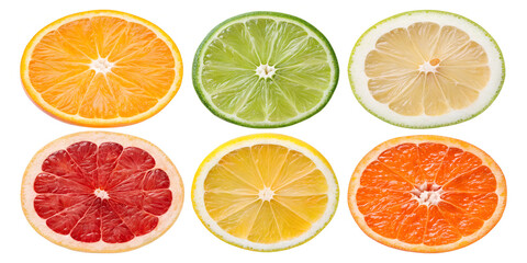 Fototapeta premium Sliced citrus fruits offer a colorful and fresh assortment of lemon, lime, orange, and grapefruit