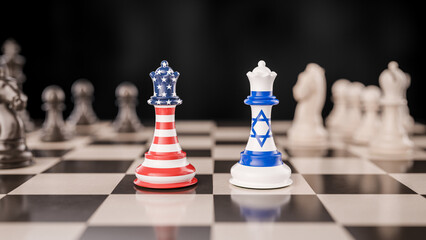 Geopolitical Strategy Concept: United States and Israel Represented as Opposing Queens via Their Flags on a Chessboard