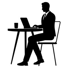 A businessman in a suit works diligently on his laptop at a table with a drink nearby,silhouette