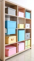 Organized boxes on wooden shelves