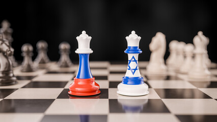 Geopolitical Strategy Concept: Russia and Israel Represented as Opposing Queens via Their Flags on a Chessboard