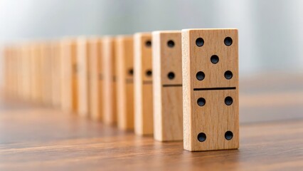 Wooden dominoes lined up but one is floating mid-air showing disruption and creative innovation
