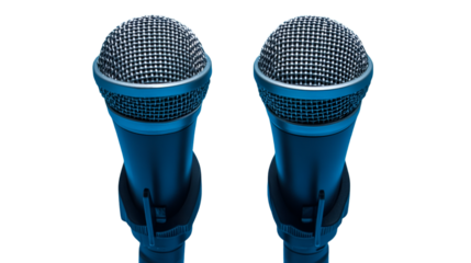 Two blue microphones for singing karaoke or podcasting equipment on a black background studio setting isolated on transparent background