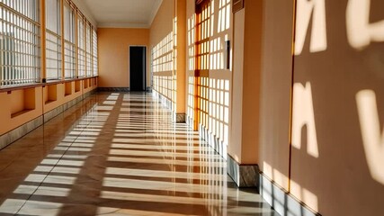 Sunlight streams through windows in a long hallway with light beige walls and a marble floor, casting letter-shaped shadows - Powered by Adobe