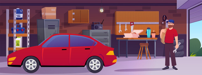 Garage interior with car, man with beard and wrench, table, tools, cabinet, shelves, boxes.