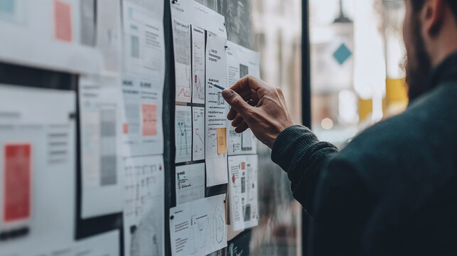 A close-up of a user journey map pinned on a design wall