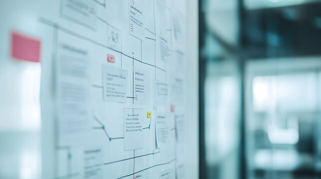 A close-up of a user journey map pinned on a design wall