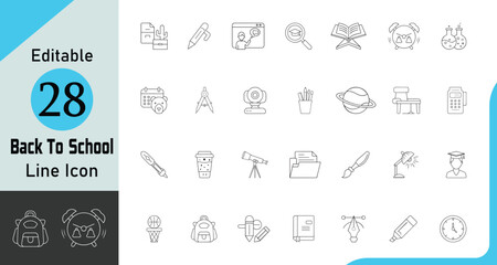 Creative and unique Back To School editable line icon set or collection, Back To School icon, Book, chemistry lab, calculator, compass, teacher, pencil holder and more