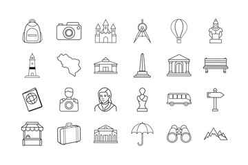 Sightseeing & Travel Vector Icon Set. Backpack, Camera, Castle, Monument, Lighthouse, Passport, Bus, Bench, Map, Mountain, Tourist, Adventure, and More. Editable Line Icons. Vector Illustration.