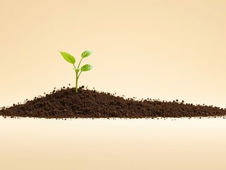 Single young green plant sapling emerging from mound of brown soil against a simple light backdrop
