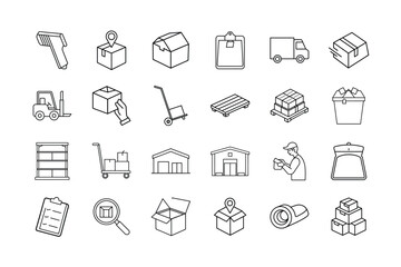arehouse & Inventory Vector Icon Set: Barcode, Shipping, Packaging, Inventory, Delivery, Truck, Storage, Pallet, Warehouse Management, Supply Chain, and More. Editable Line Icons. Vector Illustration.
