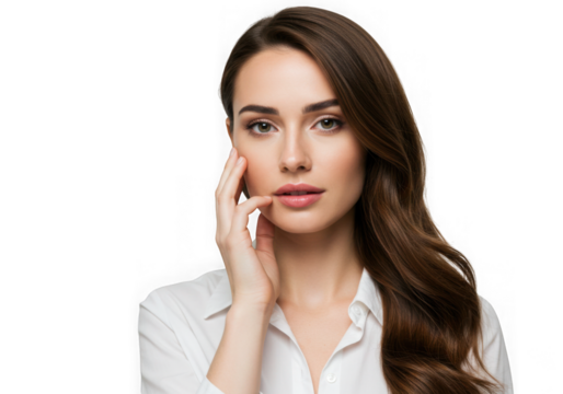 Portrait of a woman with brown hair and white shirt posing softly on transparent background
