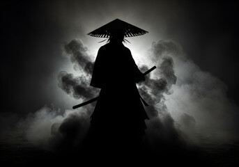 Samurai Warrior Silhouette in Fog | Japanese Warrior with Sword and Traditional Hat for Martial Arts, Gaming and Asian Culture Imagery