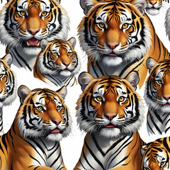 Powerful close-up portrait of a majestic tiger with piercing eyes and detailed fur texture on a dramatic white background