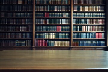 Antique library bookshelves with a wooden table in front