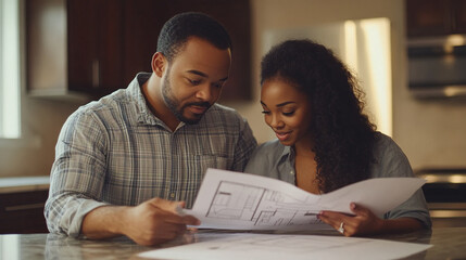 A couple discussing their home safety plan while reviewing blueprints