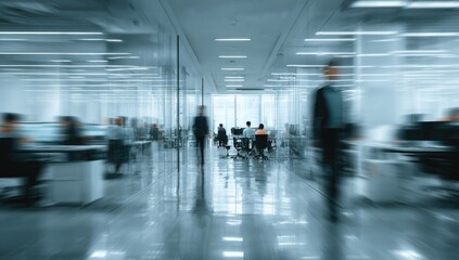 Fototapeta premium Blurred office interior background with a blurred door and glass wall, blurry bokeh light effect for a business concept design. High-quality photo, taken with a telephoto lens in realistic daylight.