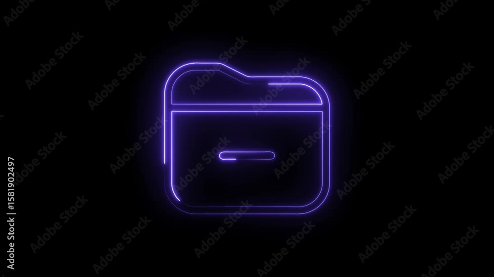Poster glowing neon folder icon animation on black background for data organization and storage