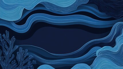 Abstract deep blue layered waves with marine flora