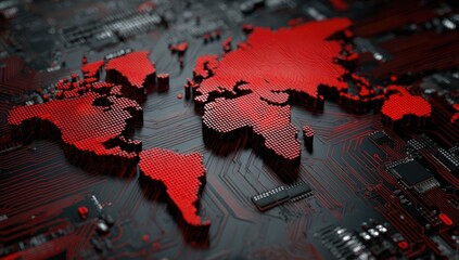 A 3D-rendered world map, crimson red, embedded onto a detailed black circuit board, suggesting global digital interconnectedness