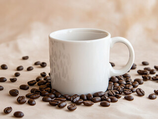 White Ceramic Coffee Mug Surrounded by Roasted Coffee Beans