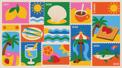 Summer Stamp Series 2021&ndash;2025 &ndash; Vibrant Tribute to Seasonal Icons Across the Years; Lemons, Fish, Waves, Waffles, and Beach Escapes Illustrated in Playful Postal Frames of Sunshine