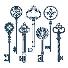 A set of vintage skeleton keys, an antique symbol of security and unlocking doors, with retro metal designs