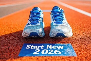 Running shoes on a track, "Start New 2026" sign