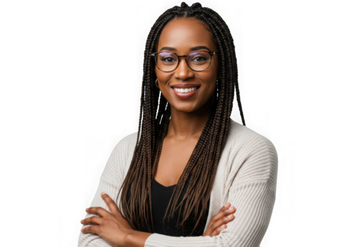 Portrait of woman with braids wearing glasses and cardigan on transparent background - Powered by Adobe