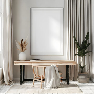 Black border frame mockup with ISO A4 poster, home workspace interior mockup with clean desk and vertical curtains, soft natural daylight, Japandi styling with wall-mounted frame, 3D render