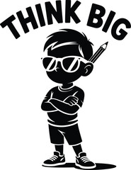 Confident boy with sunglasses and pencil behind ear thinking big silhouette isolated on white background