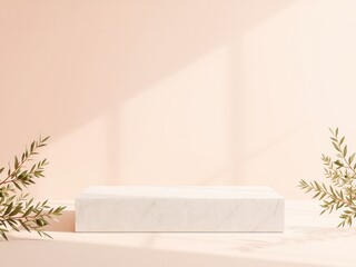 Minimalist presentation stage with neutral colors, botanical accents, and delicate light for product display or cosmetic promotion