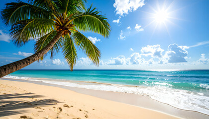 Tropical Palm Tree Leaning Over Idyllic White Sand Beach with Turquoise Ocean and Bright Sunny Blue Sky
