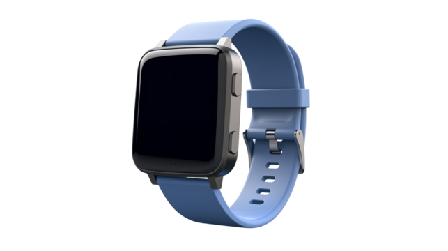 A modern smartwatch with a blue band showcases technology and wearable digital design isolated on transparent background.