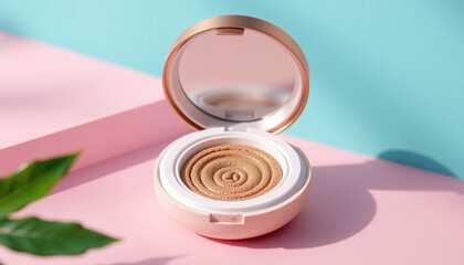 Stylish cushion compact with spiral design, perfect for makeup application, sits pastel pink surface against vibrant blue background
