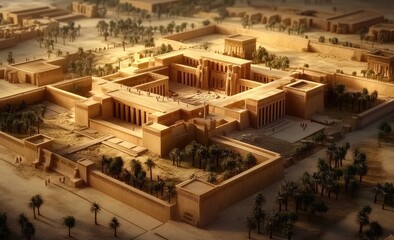 Aerial view of ancient Egyptian temple complex.  Sunlit, beige structures with  people.  Gardens and palm trees
