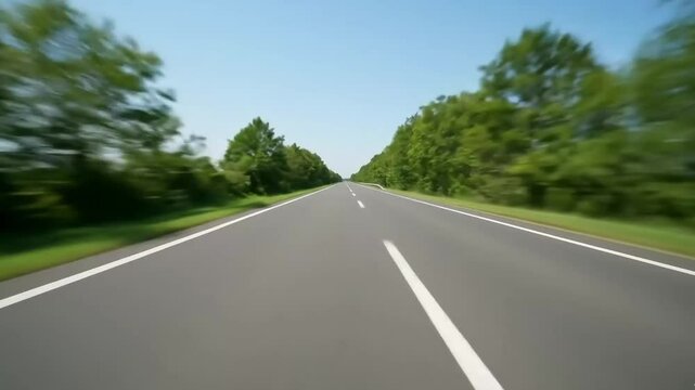 A fast point-of-view shot from a car driving down a straight country road lined with green trees a perfect dynamic clip for travel and journey concepts