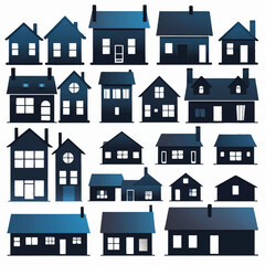 Residential architecture icon set featuring urban buildings and houses with diverse designs for city and town illustration
