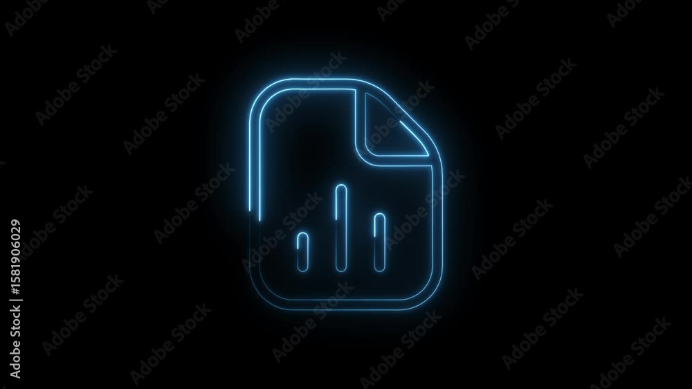 Poster glowing neon analytics report icon on black background representing data analysis and business intel