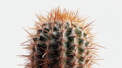 Close Up of Spiky Green Cactus with Brown and Orange Spines Against White Background